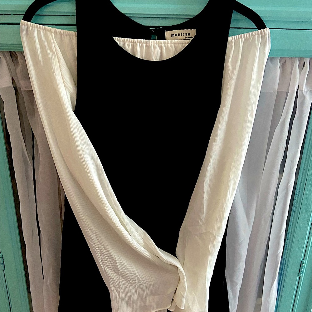 monteau little black dress with ELIZABETH AND JAMES white off shoulder blouse